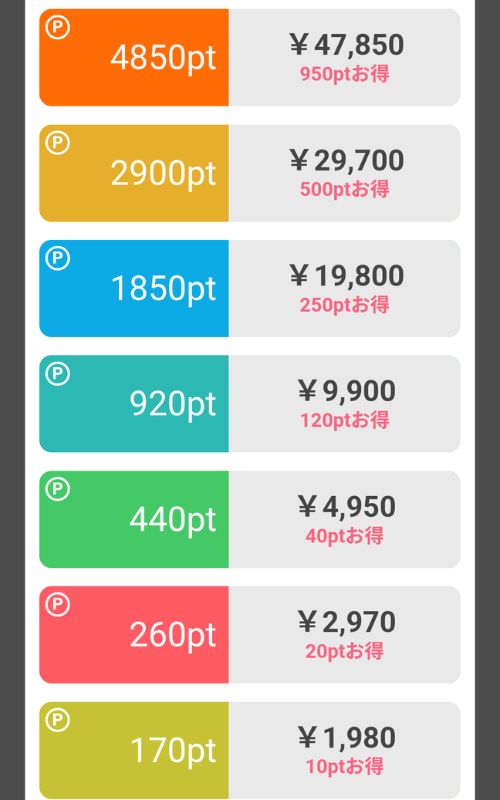 Pick Talk（ピックトーク）の料金表（ポイント一覧）

